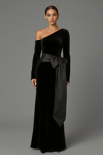 Robe formelle longue à une épaule en velours noir avec noeud